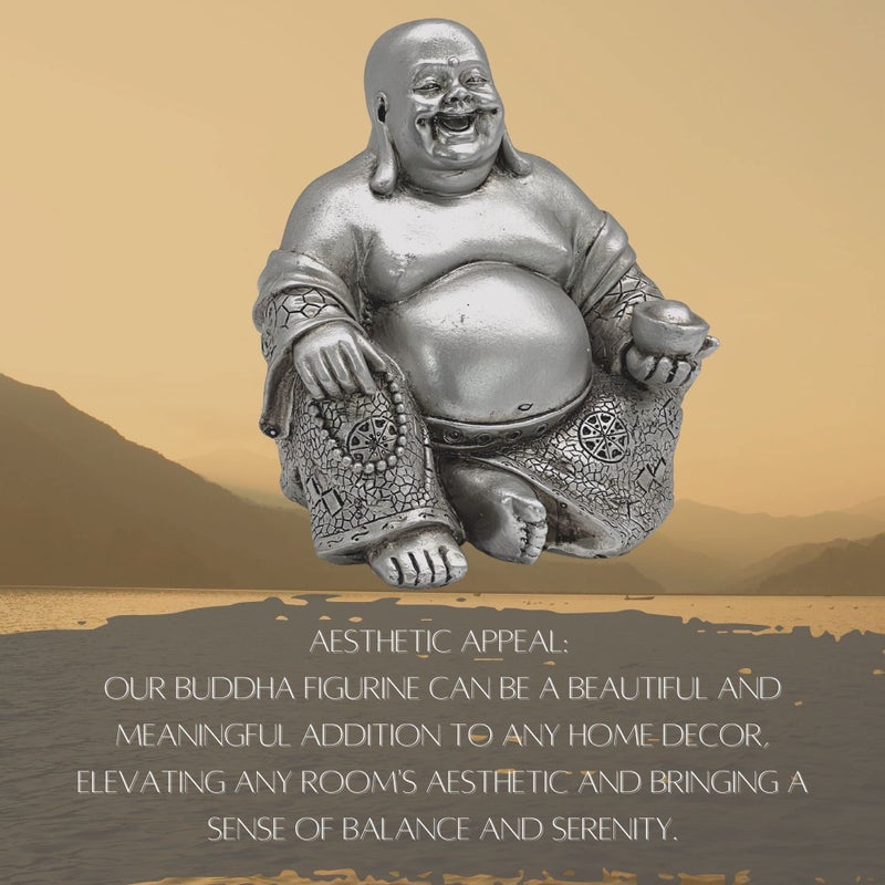 Bellaa 25761 Happy Laughing Buddha Hotei Feng Shui for Money Wealths Zen Chinese Buddhist Monk Budai Luck Happiness Budaishi Silver 6" Inches - Image 3